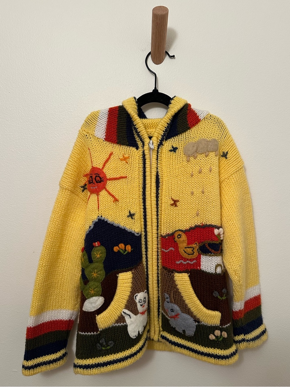 Peruvian Arpillera Handmade Knit Sweater Jacket Zip Up Hooded Nature